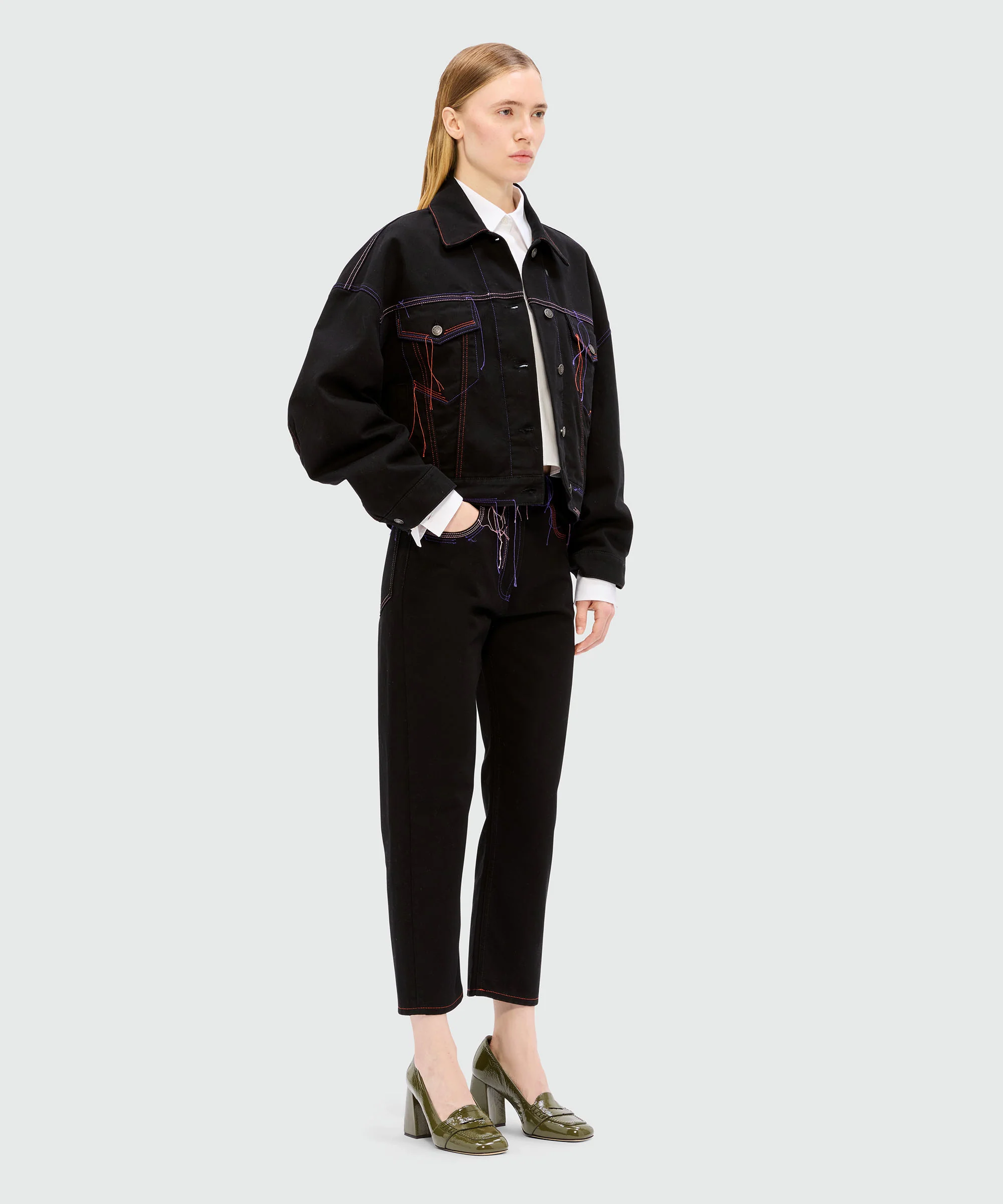 Black denim trousers with multicoloured thread detail - Image 4