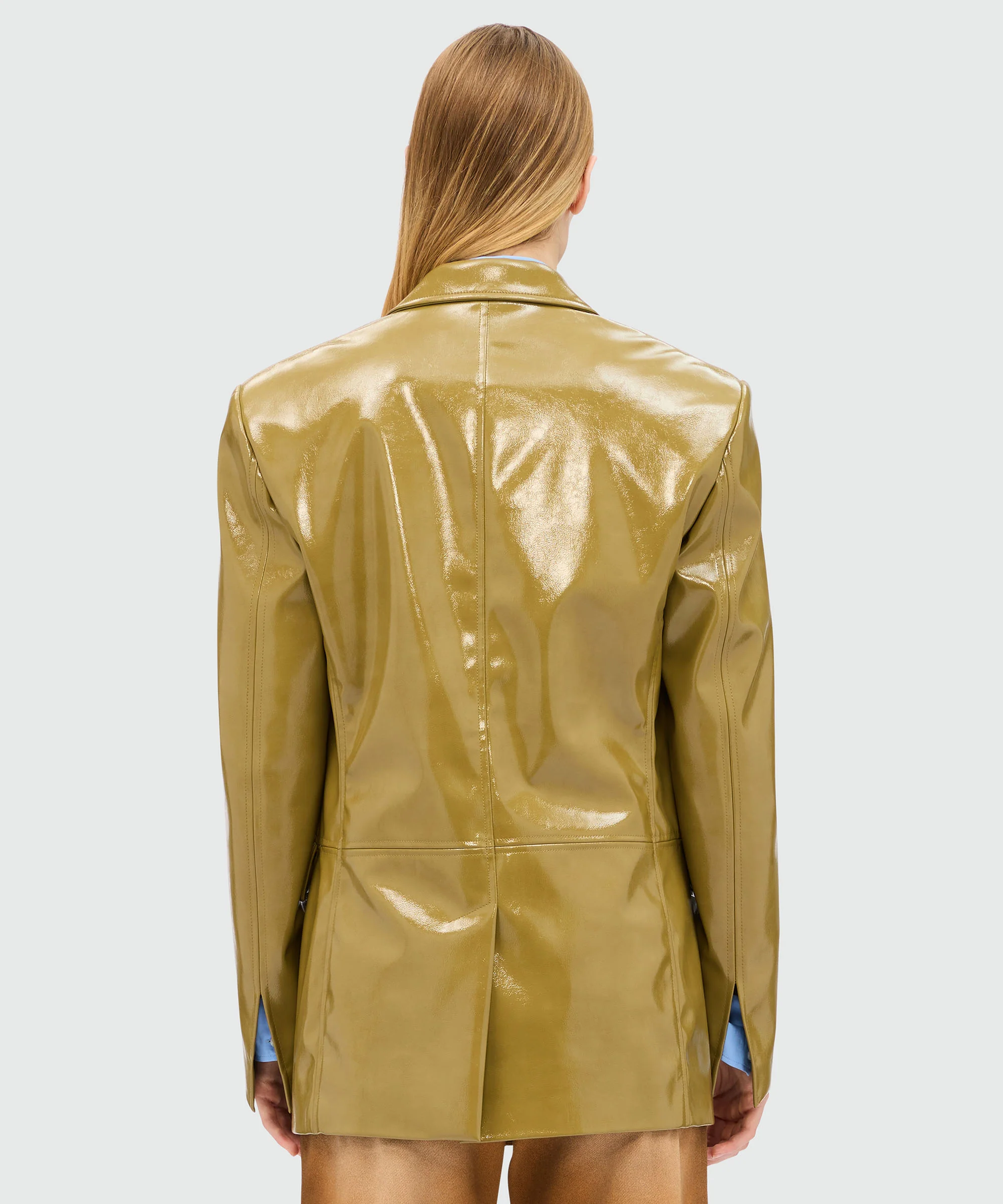 Olive green single-breasted vinyl jacket - Image 3