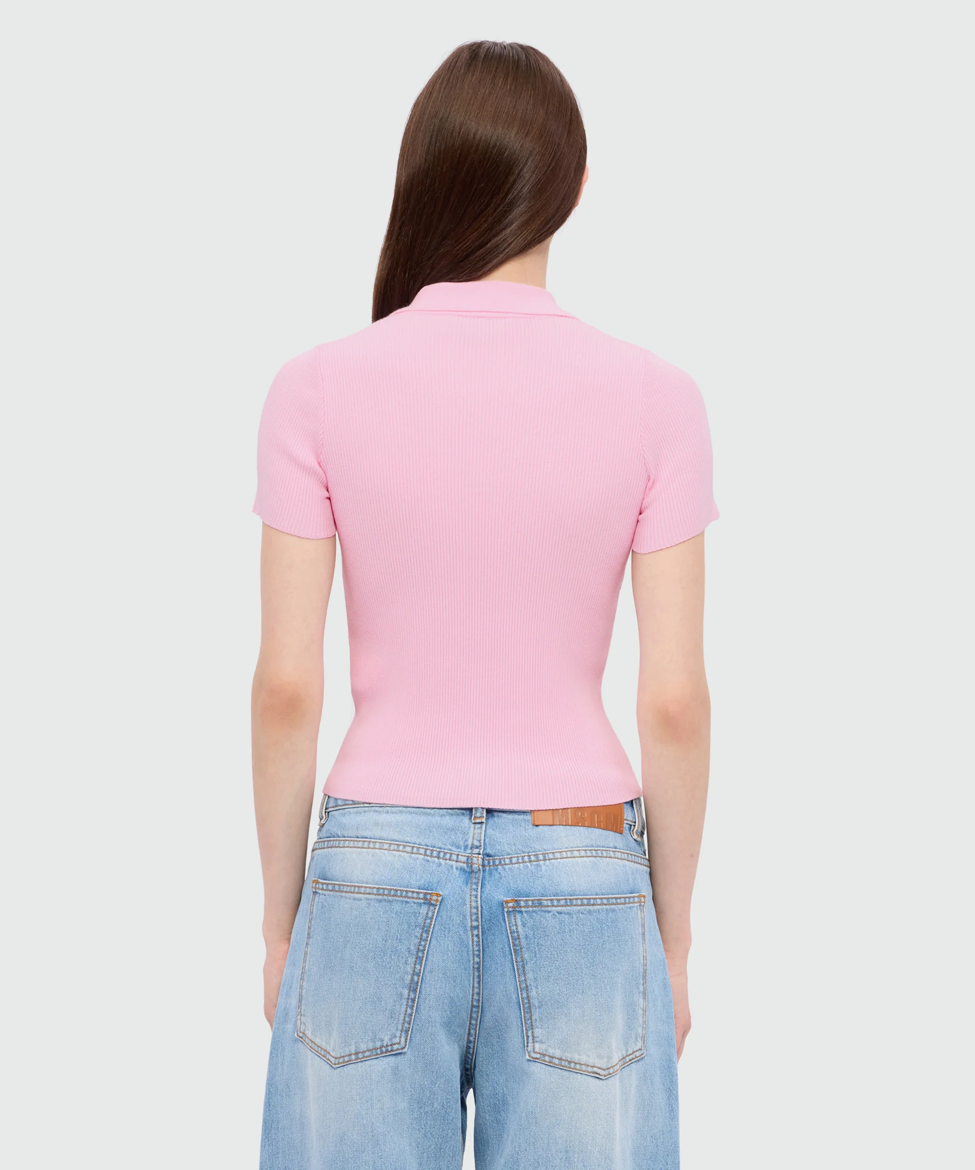Pink ribbed techno-viscose polo shirt with contrast button detail - Image 3