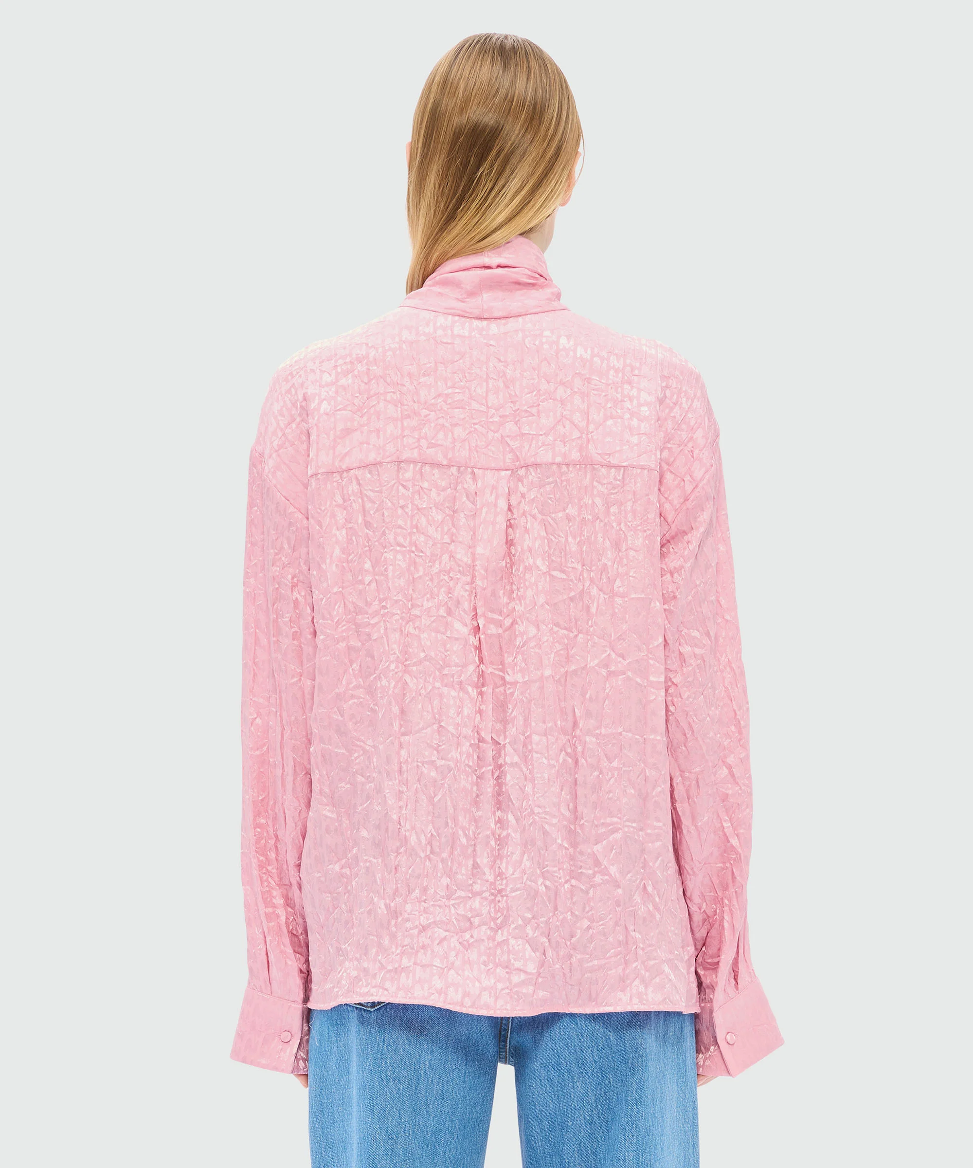 Pink satin shirt with a wrinkled effect and a jacquard "TheMwave" motif - Image 3
