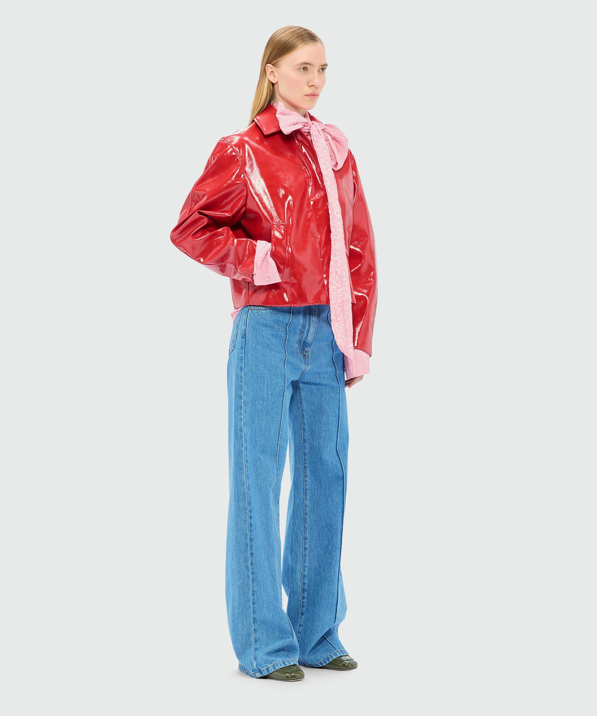 Pink satin shirt with a wrinkled effect and a jacquard "TheMwave" motif - Image 4