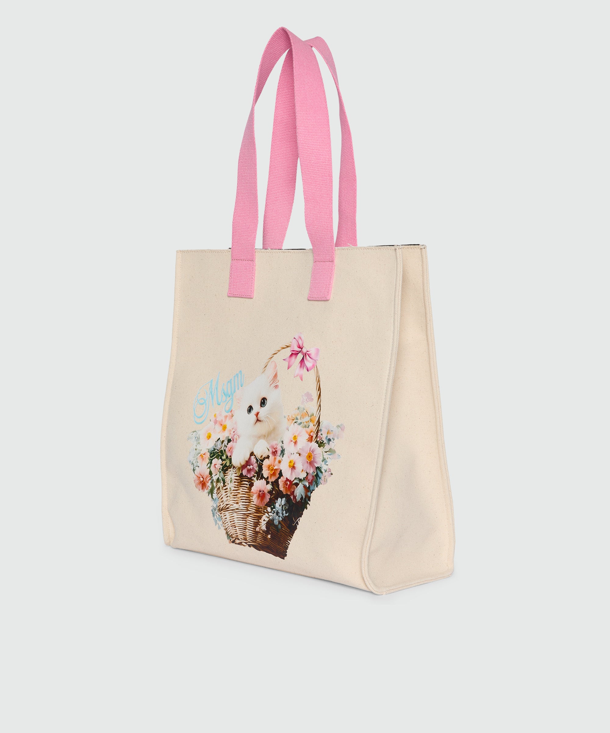 White canvas tote with print and contrasting handles - Image 3