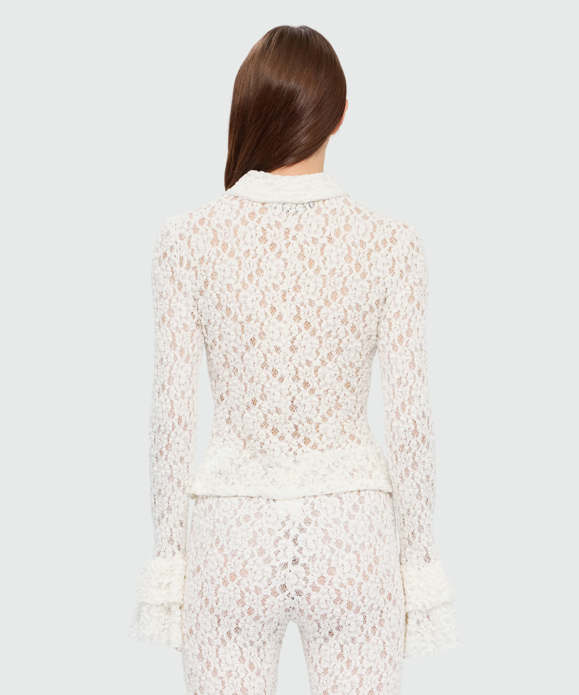 White long-sleeve lace polo shirt - Image 3
