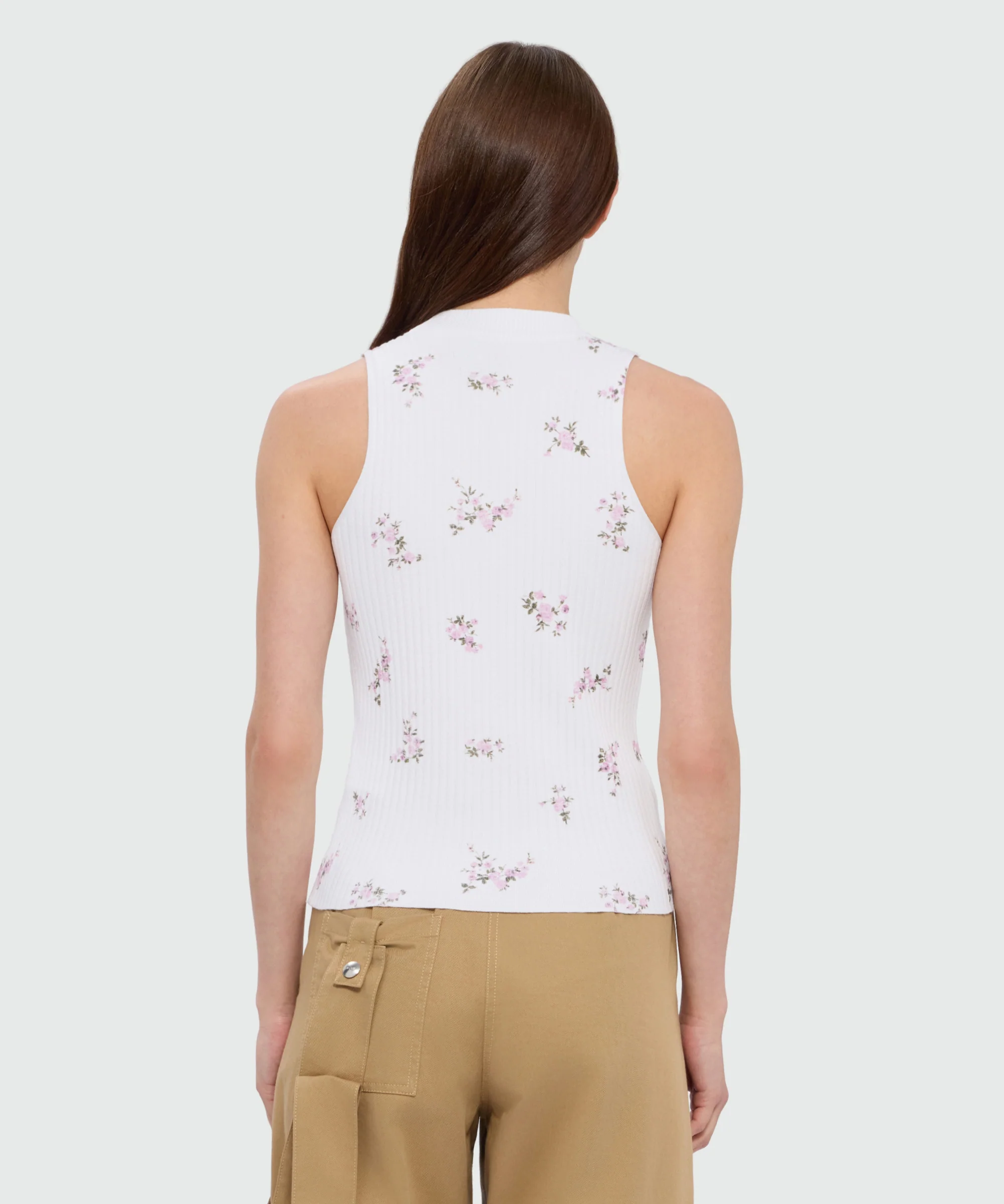 White ribbed techno-viscose top with "Cracked Flowers Bouquet" print - Image 3
