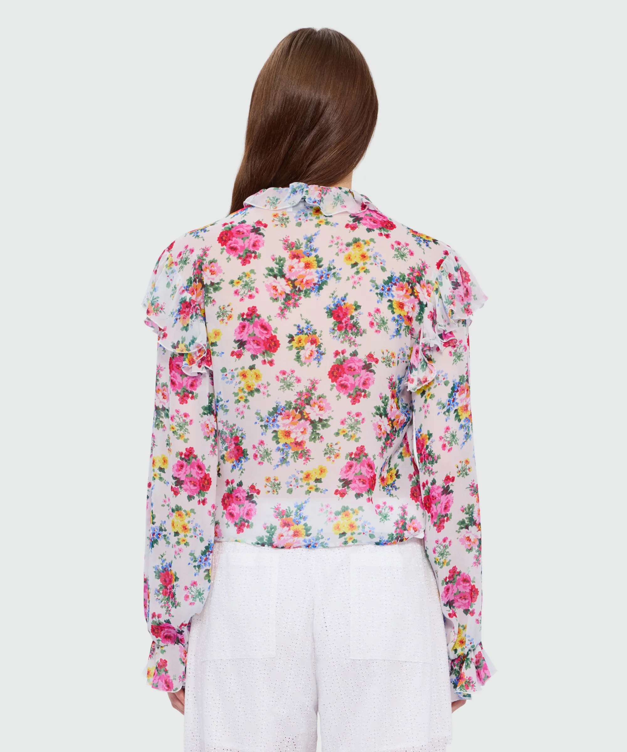 White viscose georgette blouse with floral print and ruffled collar - Image 3