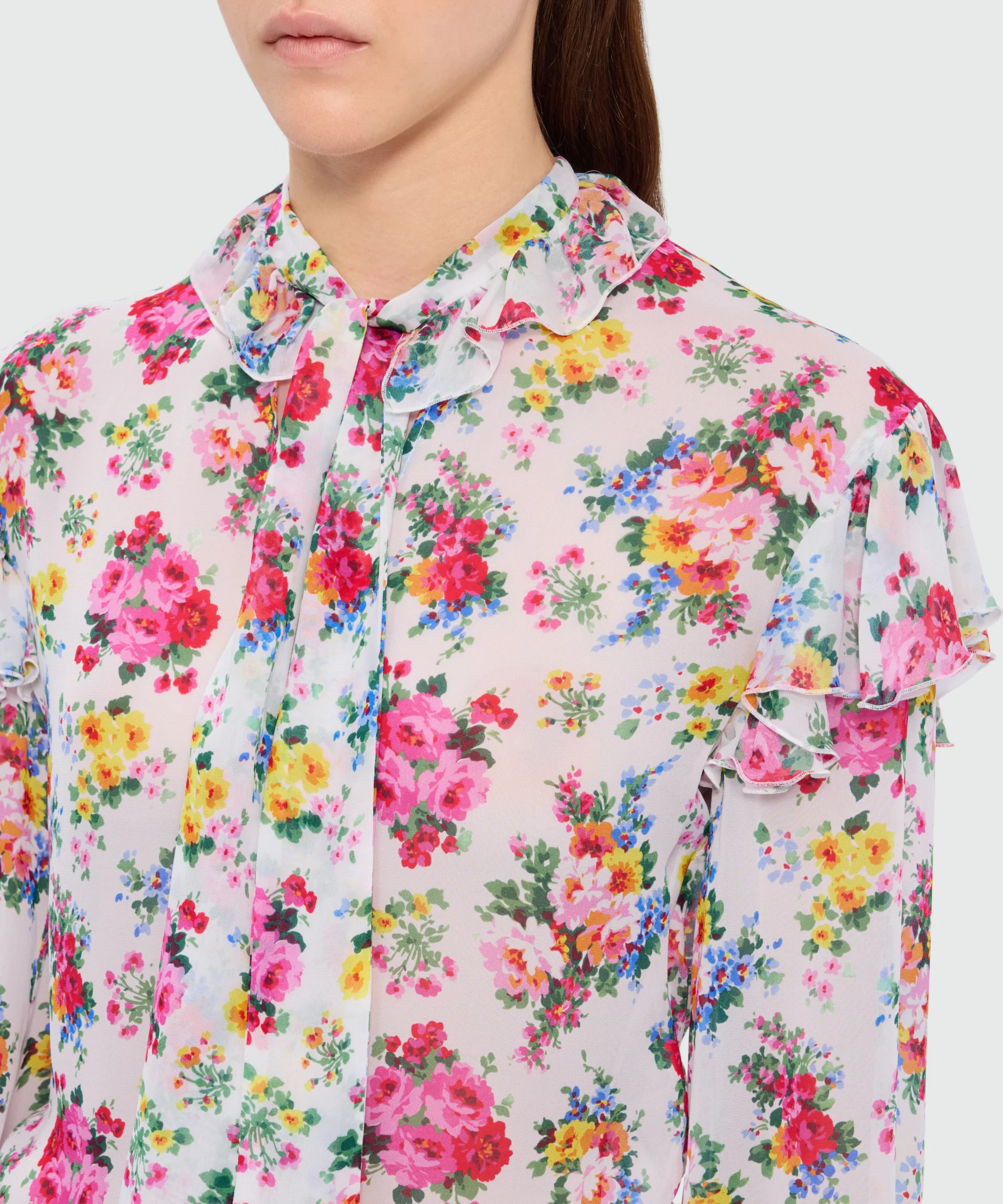 White viscose georgette blouse with floral print and ruffled collar - Image 5